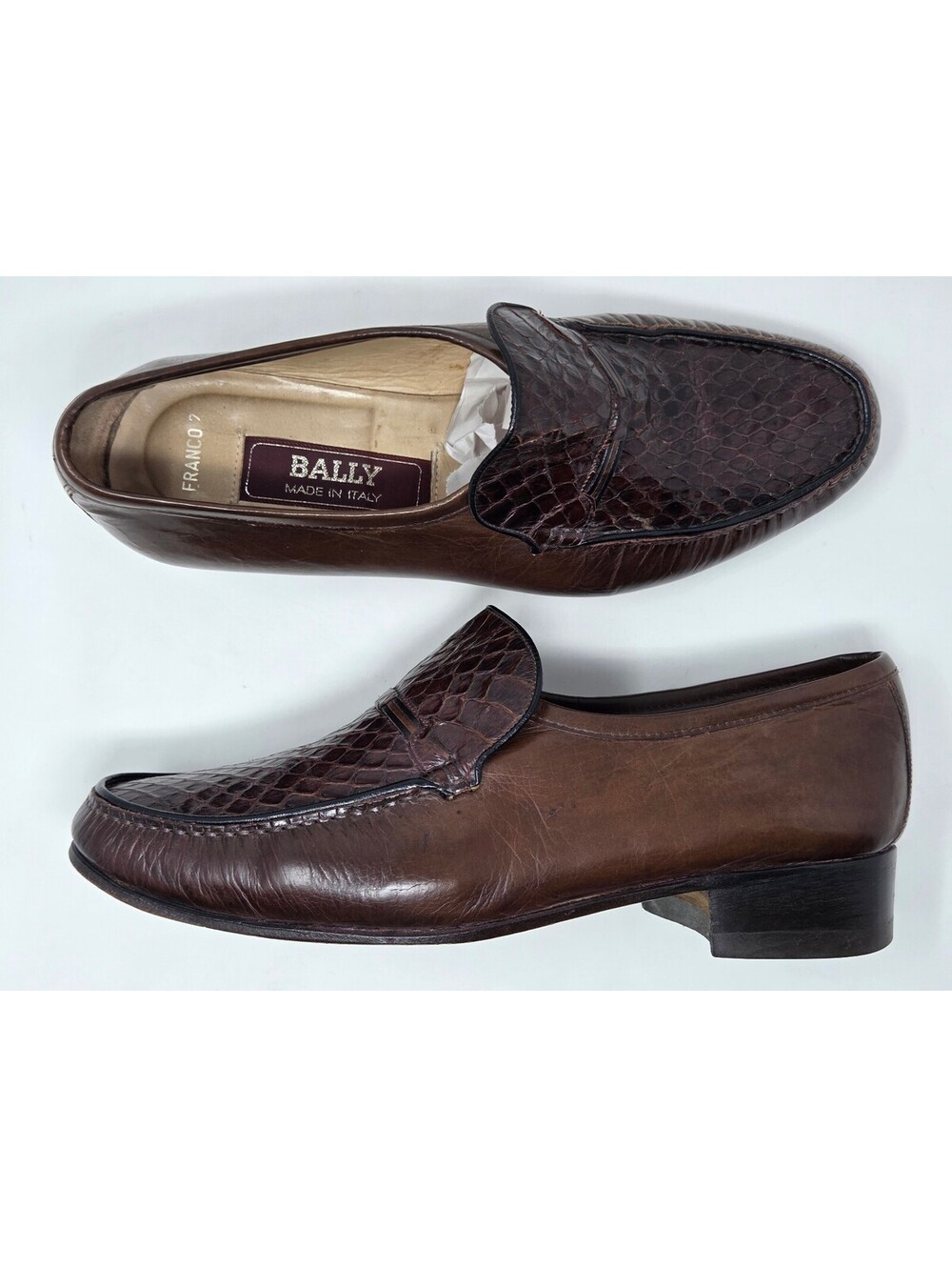 Bally Franco 2 Brown Leather Loafers Snake Skin Mens 7 Wide